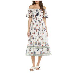Tory Burch Ivory Tea Rose Floral Smocked Off Shoulder Midi Dress - Size S